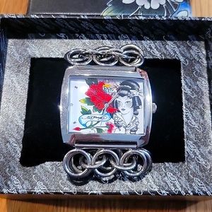 Ed Hardy Geisha Watch Women Silver Tone Square Dial Chain Band